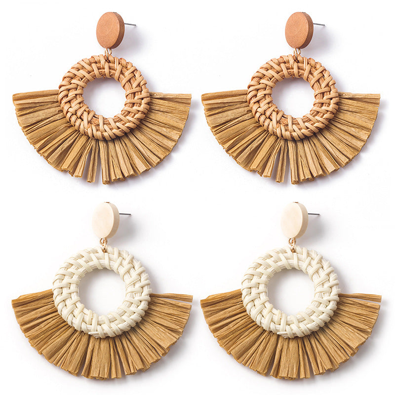 Wholesale Hand-woven Geometric Rattan Raffia Fan Earrings